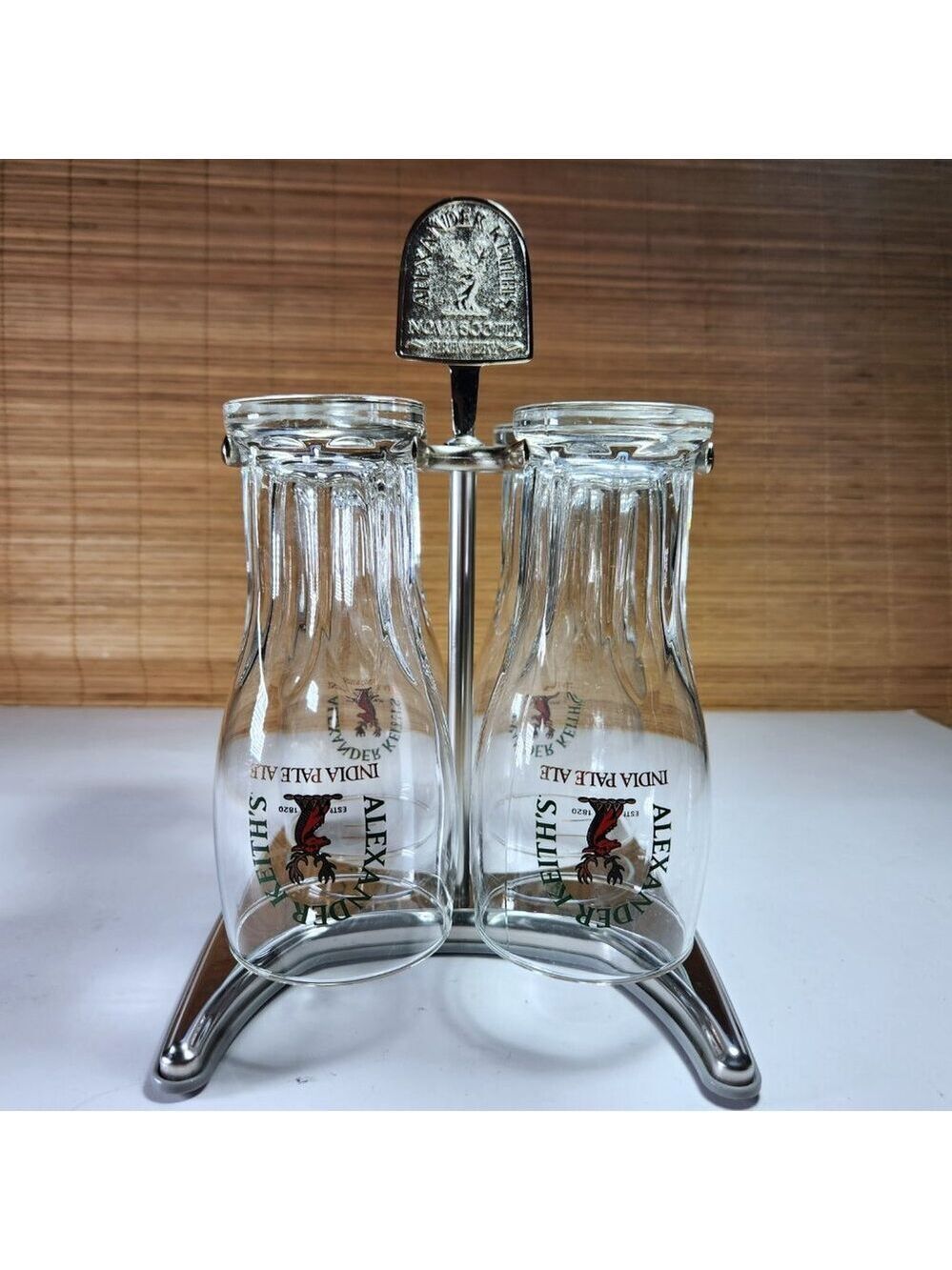 Alexander Keiths Beer Glass Set with Metal Stand 4 IPA Brewery Glasses Caddy